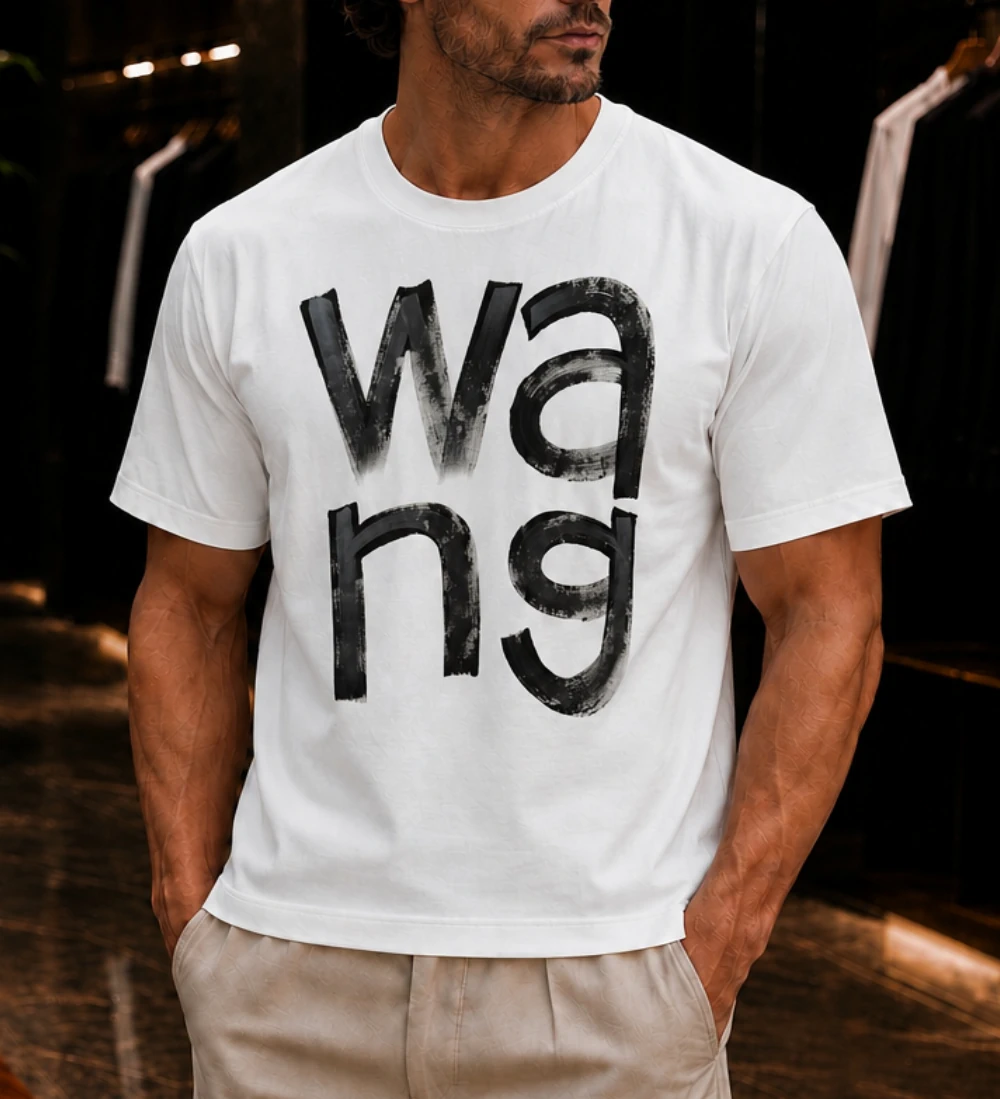 222 تیشرت مردانه وارداتی تایپوگرافی آبرنگی Wang رنگ سفید - تصویر 1
