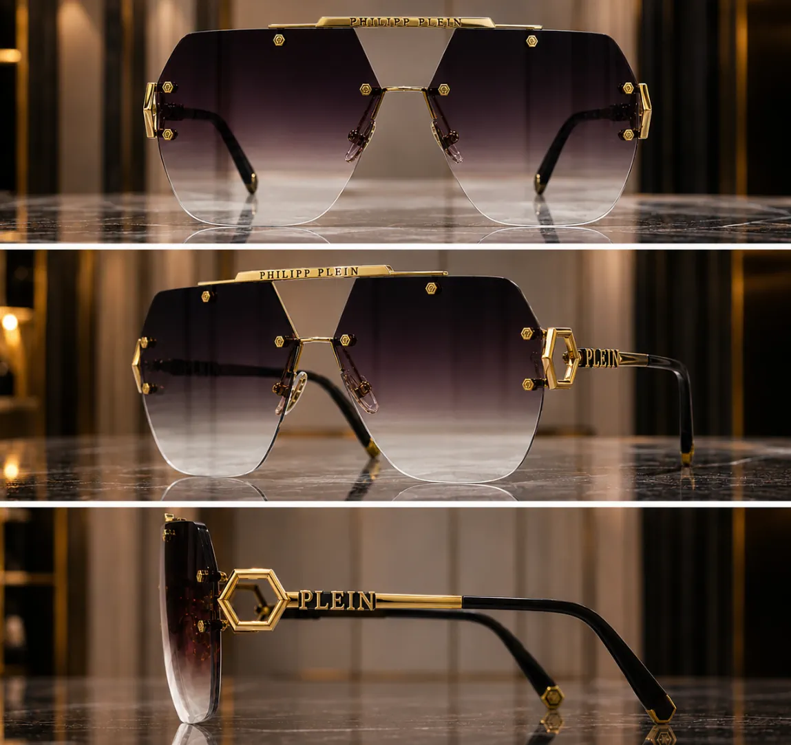 رررر عینک آفتابی مردانه PHILIPP PLEIN اورجینال فریم less گلد - تصویر 1